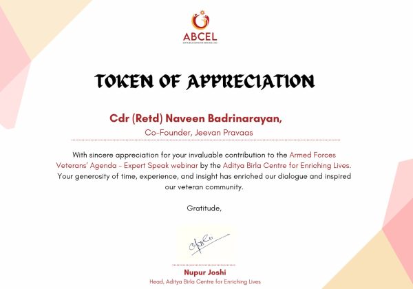 ABCEL Token of Appreciation Cdr (Retd) Naveen Badrinarayan